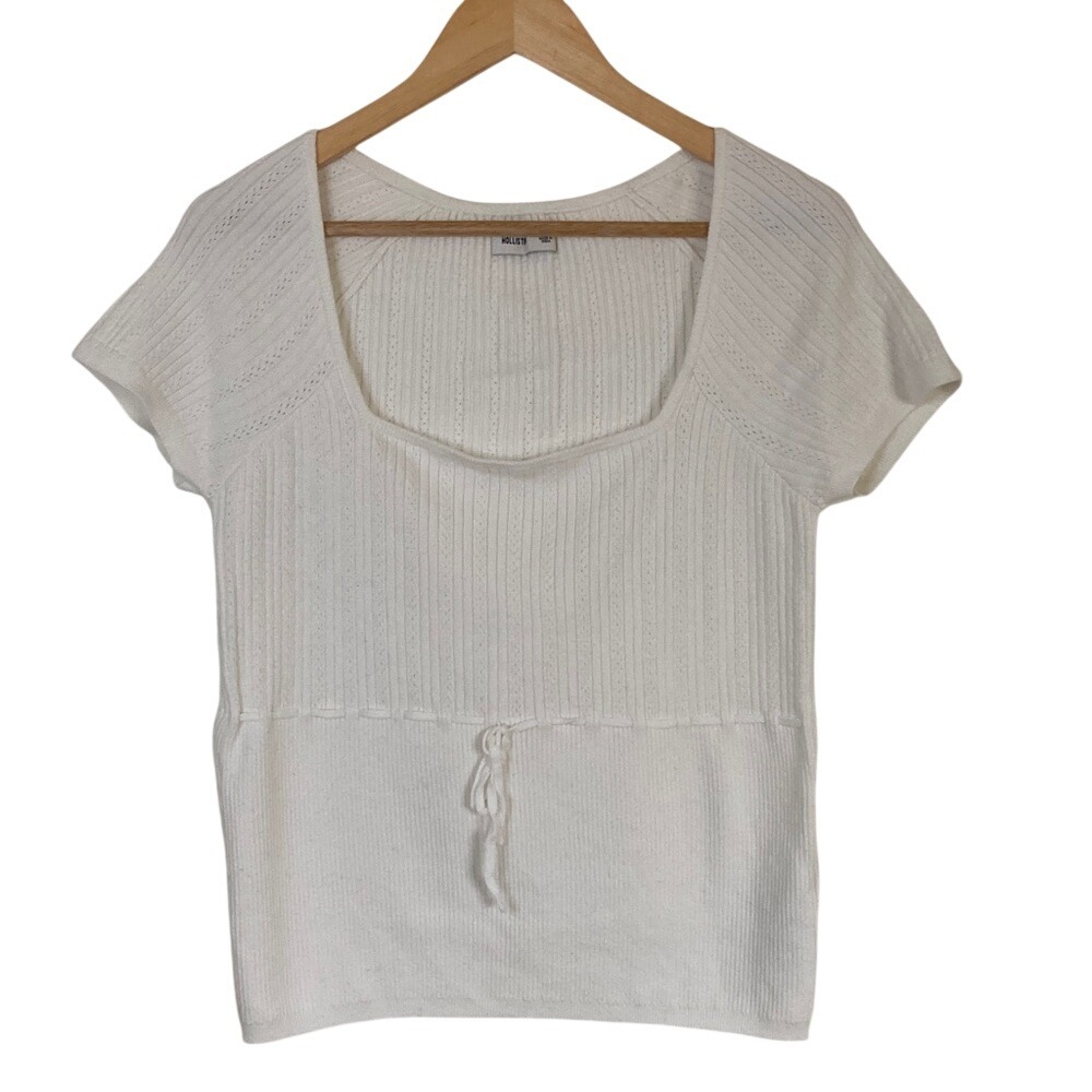 Hollister Womens White Short Sleeve Square Neck Knit Sweater Size XL Ribbed